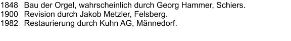 1848	Bau der Orgel, wahrscheinlich durch Georg Hammer, Schiers. 1900	Revision durch Jakob Metzler, Felsberg. 1982	Restaurierung durch Kuhn AG, Männedorf.