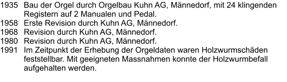 1935	Bau der Orgel durch Orgelbau Kuhn AG, Männedorf, mit 24 klingenden Registern auf 2 Manualen und Pedal. 1958	Erste Revision durch Kuhn AG, Männedorf. 1968	Revision durch Kuhn AG, Männedorf. 1980	Revision durch Kuhn AG, Männedorf. 1991	Im Zeitpunkt der Erhebung der Orgeldaten waren Holzwurmschäden feststellbar. Mit geeigneten Massnahmen konnte der Holzwurmbefall aufgehalten werden.