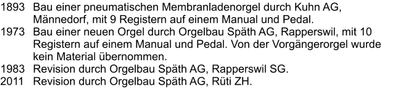 1893	Bau einer pneumatischen Membranladenorgel durch Kuhn AG, Männedorf, mit 9 Registern auf einem Manual und Pedal. 1973	Bau einer neuen Orgel durch Orgelbau Späth AG, Rapperswil, mit 10 Registern auf einem Manual und Pedal. Von der Vorgängerorgel wurde kein Material übernommen. 1983	Revision durch Orgelbau Späth AG, Rapperswil SG. 2011	Revision durch Orgelbau Späth AG, Rüti ZH.