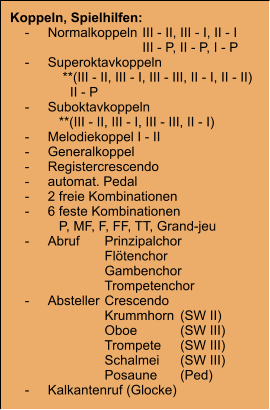 Koppeln, Spielhilfen:     -	Normalkoppeln	III - II, III - I, II - I 		III - P, II - P, I - P     -	Superoktavkoppeln 	    **(III - II, III - I, III - III, II - I, II - II)     	      II - P     -	Suboktavkoppeln 	   **(III - II, III - I, III - III, II - I)     -	Melodiekoppel I - II     -	Generalkoppel     -	Registercrescendo     -	automat. Pedal     -	2 freie Kombinationen     -	6 feste Kombinationen 	   P, MF, F, FF, TT, Grand-jeu     -	Abruf	Prinzipalchor 		Flötenchor 		Gambenchor 		Trompetenchor     -	Absteller	Crescendo 		Krummhorn	(SW II) 		Oboe	(SW III) 		Trompete	(SW III) 		Schalmei	(SW III) 		Posaune	(Ped)     -	Kalkantenruf (Glocke)